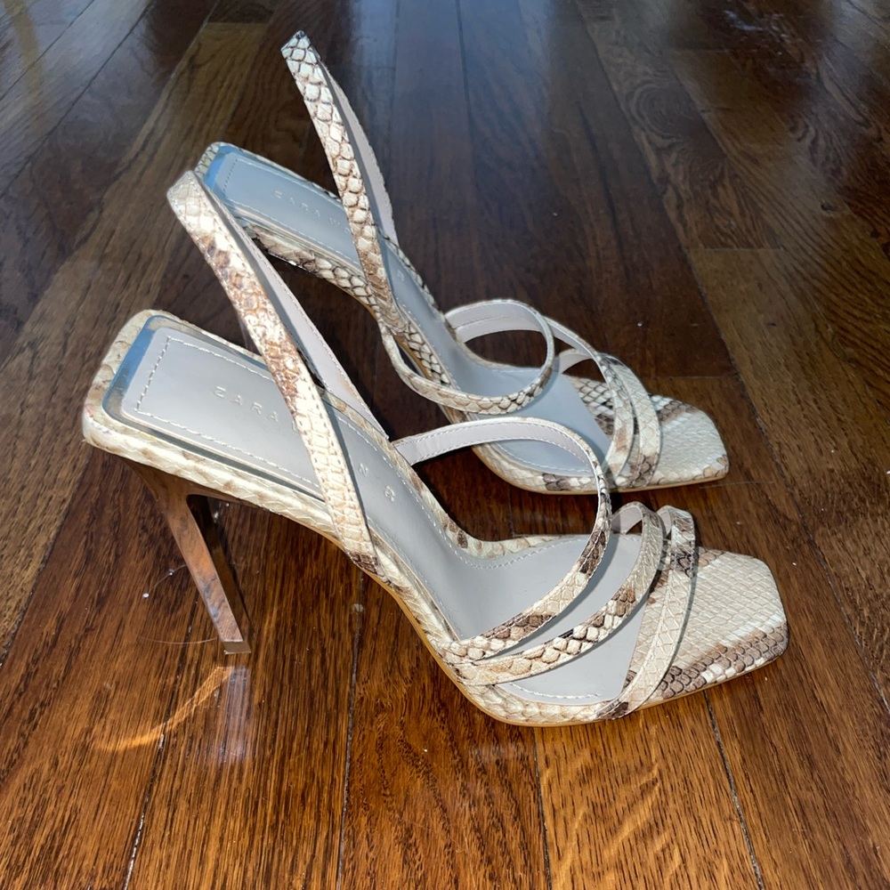 Zara Snake Print Leather Strappy Heels